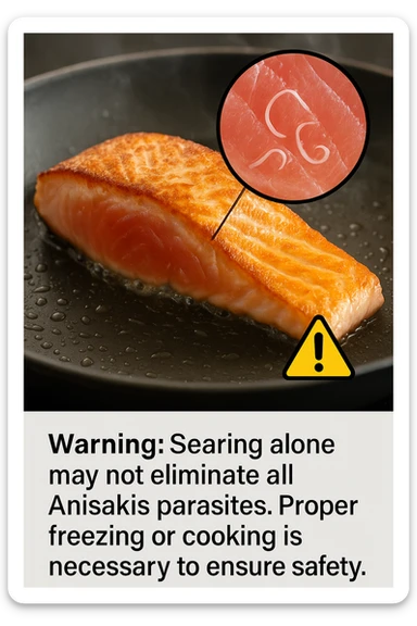 a close-up of a salmon fillet being lightly seared in a hot pan, with the outer layer cooked but the inside still raw. An inset magnifies the interior, showing visible Anisakis parasites surviving in the uncooked portion. A warning icon and educational text explain that searing alone may not eliminate all parasites. sticker