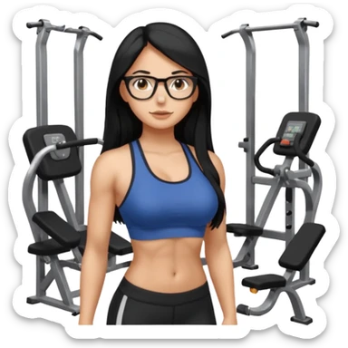 girl with long black hair, brown eyes, medium size breasts, wearing glasses and working out in the gym sticker