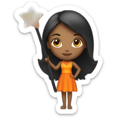 brown woman holding a orange star wand long black straight hair full length sticker