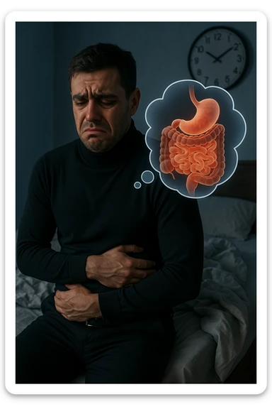 a tired-looking man sits on the edge of his bed at dawn, holding his stomach with a pained expression. Dark circles under his eyes and a messy bed indicate poor sleep. In the background, a clock shows early morning hours, and a thought bubble or overlay highlights digestive organs, emphasizing intestinal discomfort linked to sleep deprivation. sticker