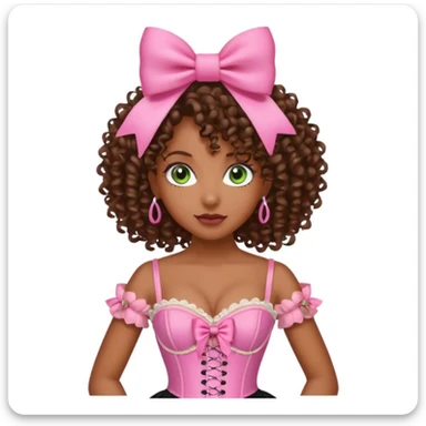 black woman with green eyes, curly hair, pink bow, pink corset sticker