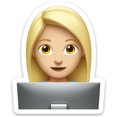 blonde female behind a computer sticker