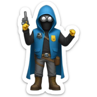 no face normal minion with minion glasses in hood in blue sleeveless shirt with with raised hands and pistols in each with a gold insert on the belt in gray pants and leather boots sticker