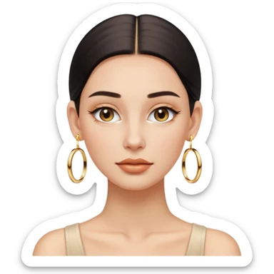 Clean Girl aesthetic, minimal makeup, dewy skin, slicked-back hair, gold hoop earrings, soft glow sticker