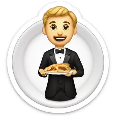Man eating bosnian meal called Burek with fork and knife while wearing a tuxedo sticker
