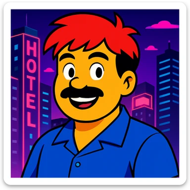 Make the face a bit rounder and add a smile, keep the vibrant toon style, neon city background, and all original colors and lighting sticker
