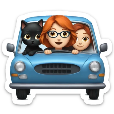 Redhead girl with glasses, driving blue car, with two black cats  sticker