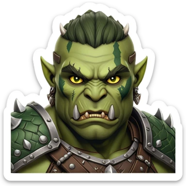 Cinematic Realistic WoW Orc Warrior Portrait, depicted with battle-scarred, rugged green skin and a powerful, muscular build that radiates primal strength. Clad in intricately detailed tribal armor accented with dark leather and iron embellishments in deep, earthy tones, his fierce eyes and determined expression exude honorable might. Rendered with lifelike texture and dramatic natural lighting, high shine, noble and formidable, capturing the essence of a legendary orc champion. sticker