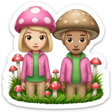 P and P, pink and green, with grass growing, mushrooms around sticker