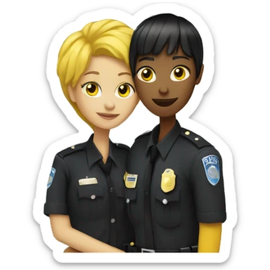 Black hair yellow skin Woman with fringe hugging a black hair yellow skin police office sticker