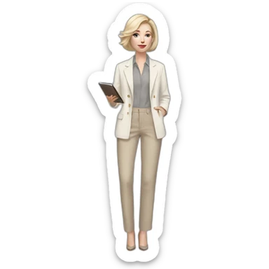 Full height pale skin woman with ash blonde Straightened bob Hair, White Spacious jacket, beige Arrow pants and gray blouse holding a color palette in the hands sticker