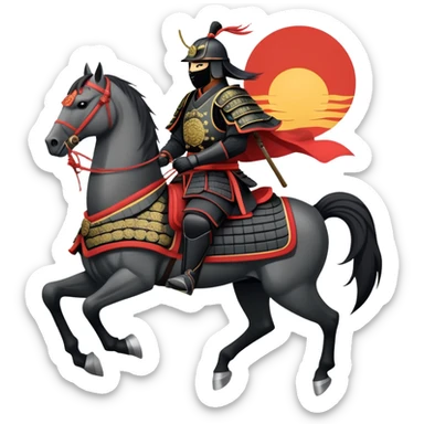 clash-of-clans-aesthetic_-cinematic-fearsome-and-majestic-samurai-bust-portrait-emoji, rendered in a flat, vector-style with minimal shading and bold, simplified shapes typical of emoji art, depicting a battle-hardened samurai with black mask and traditional black Japanese armor. The samurai is riding a noble grey warhorse adorned with an intricately designed saddle and fluttering banners and a rising sun. a samurai riding on a  horse zoomed in sticker