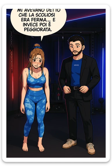 fai questa immagine in versione fumetto/manga/webtoon a colori, il manga mostra la donna disperata con un fumetto sulla testa che dice:
Mi avevano detto che la scoliosi era ferma… e invece poi è peggiorata.
 sticker