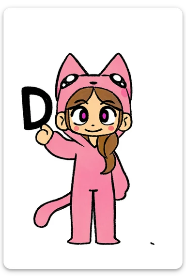 Add a bold black letter D in the character's right hand, keeping the original style and pose intact. Only add the letter, do not change anything else. sticker