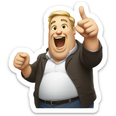 Big man with big white open belly laughing and pointing at the screen with a big thumb sticker