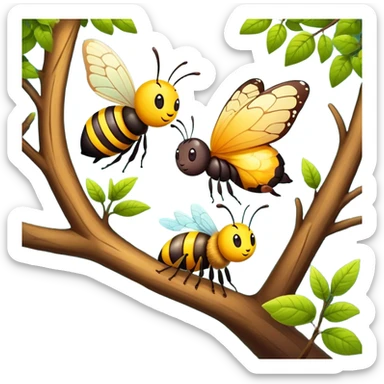 butterfly and bee sitting on a tree branch in a forest, cute and friendly sticker
