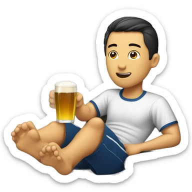 watching soccer, sitting sofa, drink beer, asian man sticker