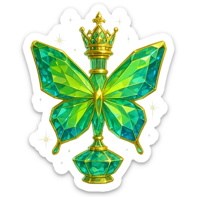 luxurious crystal butterfly-shaped bottle with a short neck and princess crown, many facets, glowing and light refractions, green (#c0ff53) and blue colors, golden details, subtle magical effects, transparent background, beautiful connected base, floating in air, no ground or shadow, very close to the original design sticker