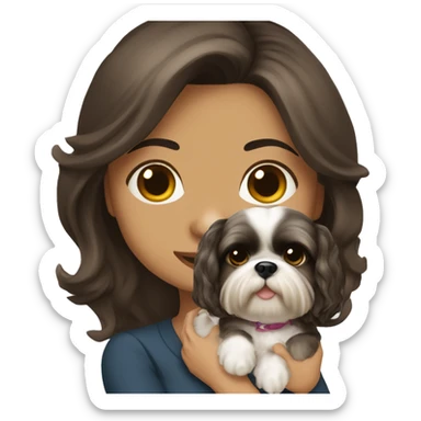 Young dark brunette medium kin hair woman with a cream shih tzu in her arms long wavy hair sticker