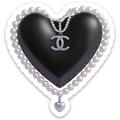 glossy black heart with a string of pearls draped diagonally, silver Chanel logo at the bottom, elegant, black and white sticker