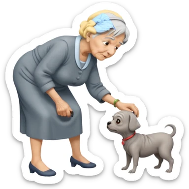 Old woman bent over from waist to floor trying to pick up dog sticker