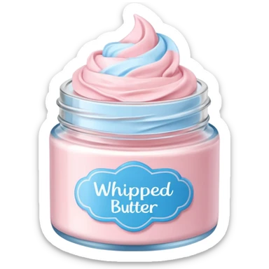 Una miniatura fotorrealista de una manteca de color rosada, azul corporal batida combinados de forma batida hasta arriba en un tarro de vidrio sin cuchara. Estilo: postre, arte, colores vibrantes. sticker