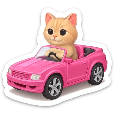 a cat in a pink convertible car, Barbie style sticker