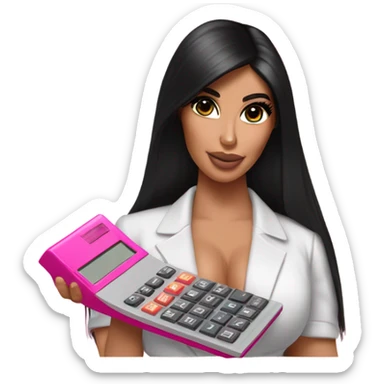 Hyper realistic kim kardashian with straight hair holding a pink calculator sticker
