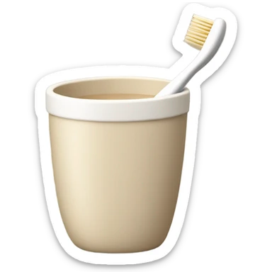 This set includes a beige toothbrush with a beige handle and a beige cup. The brush part is white. There is one toothbrush. The toothbrush is inside the cup. sticker
