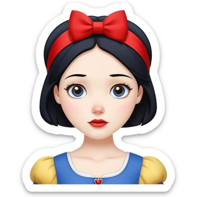 ultra simplified Snow White, blue top with yellow skirt, black hair with red headband, very minimal details, slightly zoomed out sticker