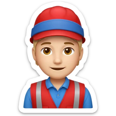 front-facing emoji-style character, Apple emoji style, Lowe’s store associate look, red vest, blue shirt, blue cap, soft smile, rounded face, sticker-like outline, no logos or text sticker
