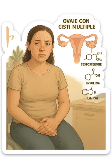 Donna tra i 25 e i 35 anni, con espressione stanca ma determinata, seduta in uno studio medico o nella sua stanza, con mani sul basso ventre. Sullo sfondo un diagramma trasparente o fluttuante di ovaie con cisti multiple, ormoni stilizzati in disequilibrio (testosterone, insulina, LH/FSH). Leggeri segni visivi di sintomi tipici: acne sul viso, lieve aumento di peso, capelli leggermente diradati in zona frontale. Ambiente realistico ma con elementi educativi e simbolici. Toni tenui ma caldi, stile empatico e informativo. in italiano sticker