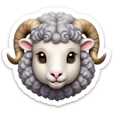 Cinematic Cute Ram Portrait Emoji, Head tilted playfully and inquisitively, featuring a dense, woolly grey fur with charming curled horns, round, sparkling dark eyes filled with curiosity, Simplified yet irresistibly adorable features, highly detailed, glowing with a warm, friendly glow, high shine, affectionate and spirited, stylized with a touch of rugged whimsy, bright and endearing, soft glowing outline, capturing the essence of a mischievous yet loving ram, so playful it feels like it could butt its way out of the screen and into your arms! sticker