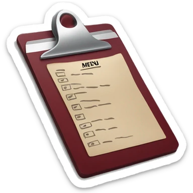 Dark red clipboard with the inscription "menu" sticker