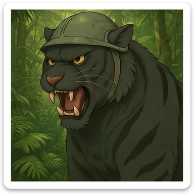 Add a lush jungle background behind the angry black tiger wearing a helmet, keep the original style and mood sticker