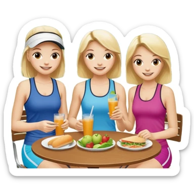 3 girls eating lunch at country club in workout clothes after tennis sticker