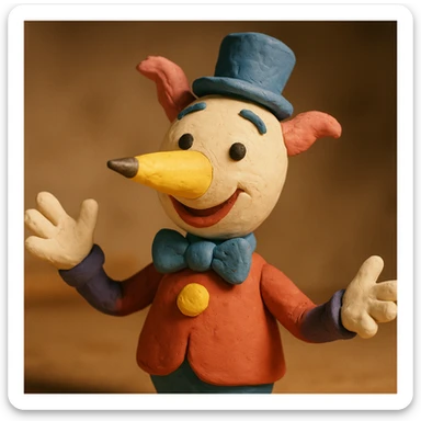 Mr. Squiggle, whimsical cartoon character with a pencil nose, playful and friendly expression, claymation style sticker