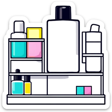 big long white shelf with one serum bottle labeled beauty brand and big sticky note sticker