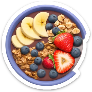 Acai bowl with blueberries, peanut butter, strawberries, granola and banana sticker