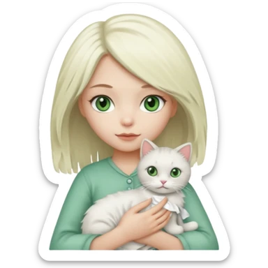 Platinum blonde hair girl with green eyes holding rag doll cat  sticker