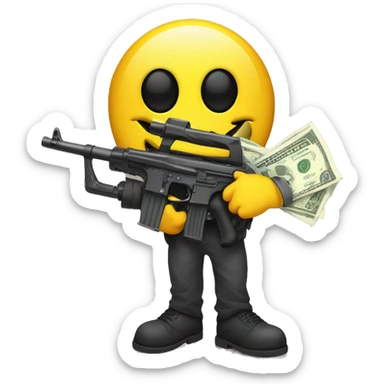 Yellow smiley face with eye patch holding a machine gun in one hand and a bag of money in the other  sticker