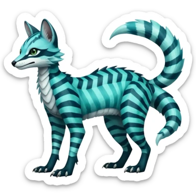  cool handsome gorgeous realistic zig-zag-patterned striking blue-cyan-minty-green-gradiented with dark undertones, white underside, thunderous stormy edgy badass realistic Vernid-Sergal-Genet-Trico-species by LiLaiRa, full body sticker