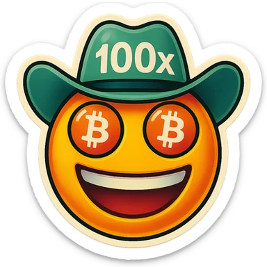Remix the emoji by changing the eyes to Bitcoin logos, make the cowboy hat minty green with '100x' text on it, keep the yellow face and smiley style consistent with the original retro stickers style. sticker