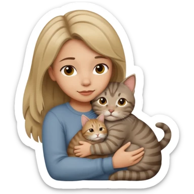 Une femme avec les cheveux dégradée, brun clair et blond, qui fait un câlin à son chat gris, tigré  sticker