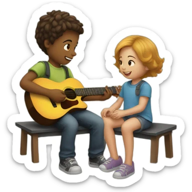 Small boy listening to sister guitar playing sticker
