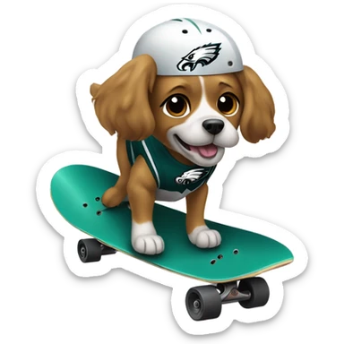 Dog riding skateboard with Philadelphia eagles helmet sticker
