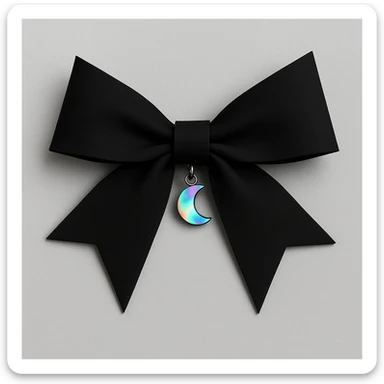 minimalist goth bow, matte black, sharp edges, small silver holographic charm, modern dark aesthetic, holographic effect sticker