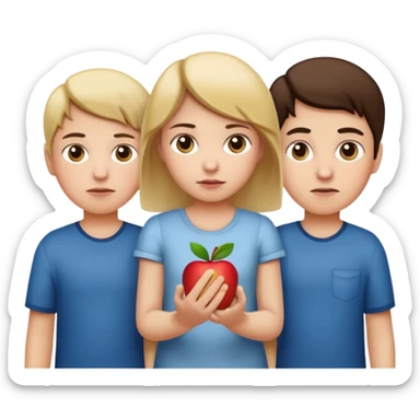 Apple iOS emoji style.
A girl holding hands with two boys at the same time, one on each side.
The girl has a suspicious, guilty expression, slightly turned eyes.
The boys look neutral and unaware.
Clean, minimal Apple emoji design, smooth gradients, rounded shapes. sticker
