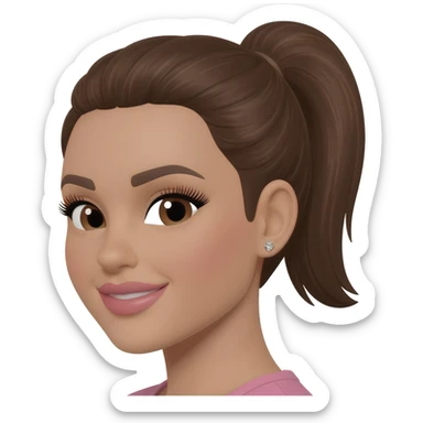 brunette with medium brown hair in a sleek high ponytail, dark brown eyes, medium brown eyelash color, full lips, small button nose, fair olive color skin, with full eye lashes, diamond earring studs, with pink lipstick, nice smile, with medium brown eyebrows sticker