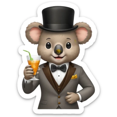 koala wearing suit, bowtie and top hat, holding glass of drink sticker